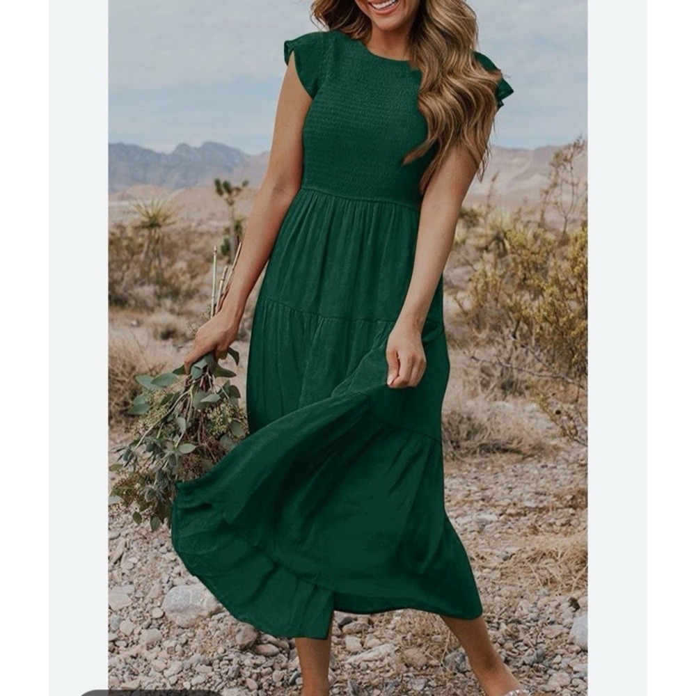 Zcsia Smocked Tiered A-Line‎ Maxi Dress Small Flutter Sleeve Dark Green Boho